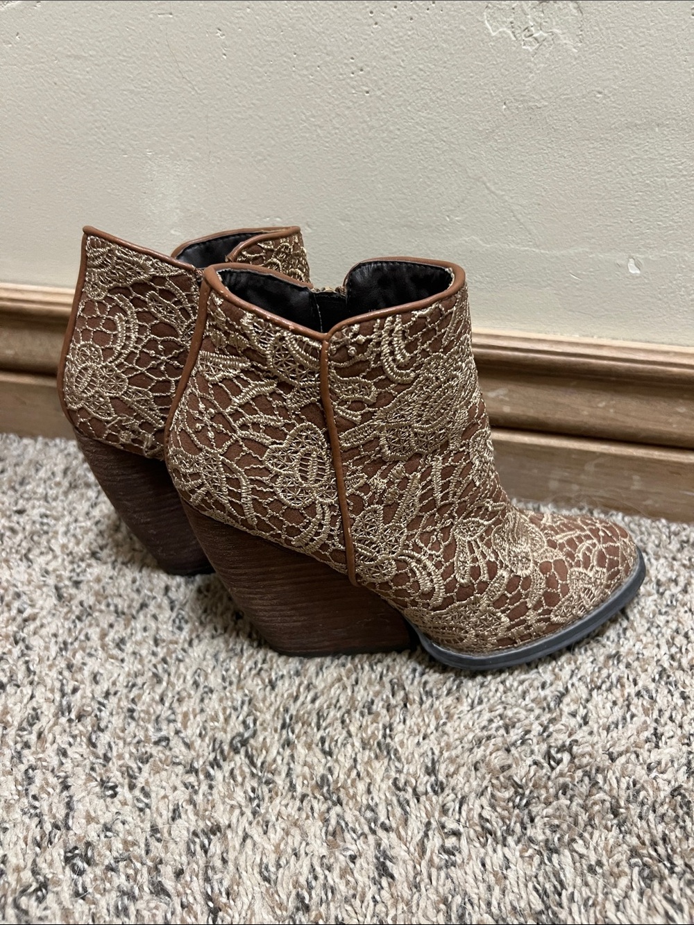 Very Volatile Brown Ankle Boots with tan Lace Overlay
